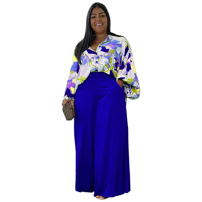 Plus Size Women's Clothing Loose Casual Printed Shirt Top Wide Leg Pants Set