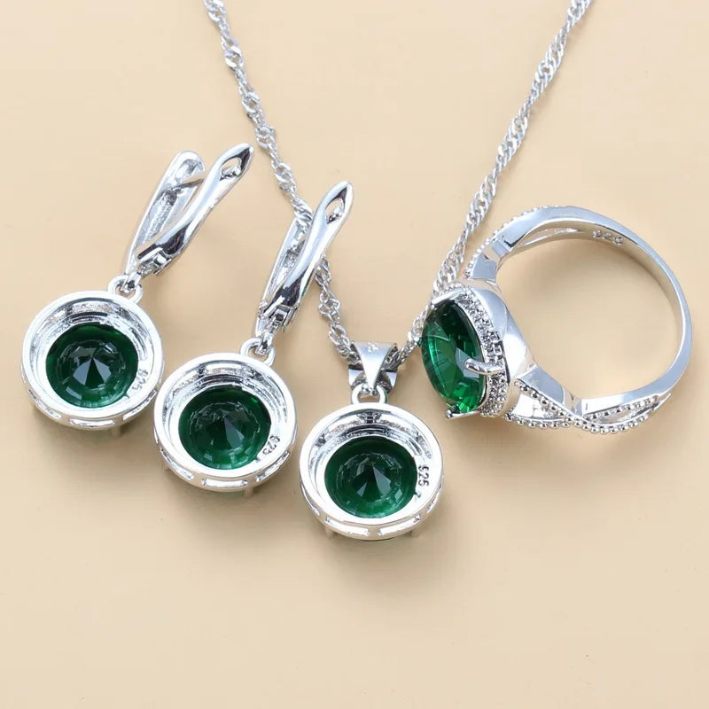 Silver Jewelry Sets Green Cubic Zirconia Necklaces Pendants Earrings and Ring