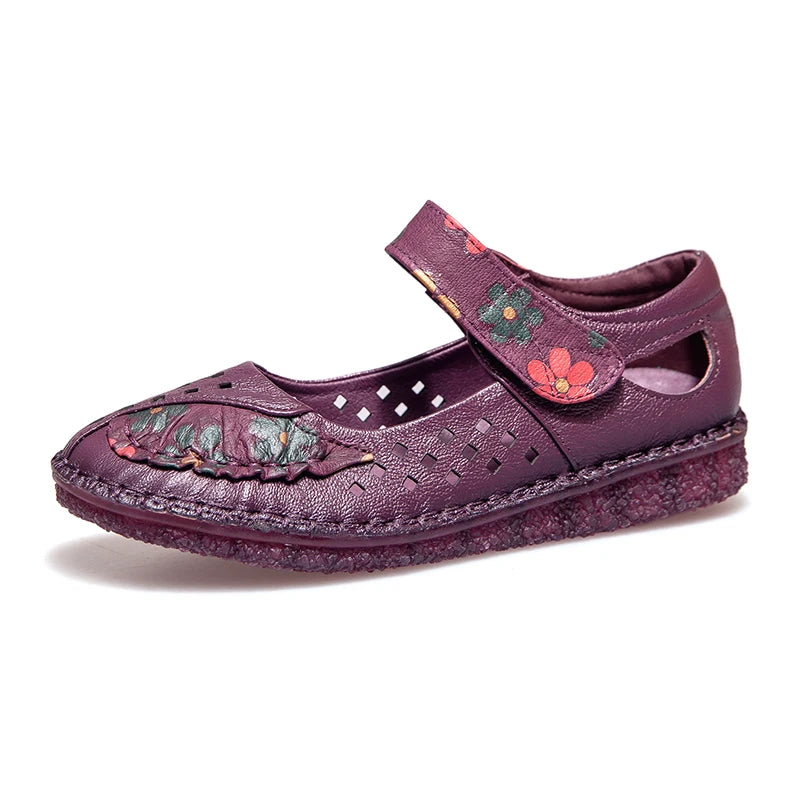 Spring Flower Design Round Toe Soft Bottom Flat Shoes Vintage Leather Flats