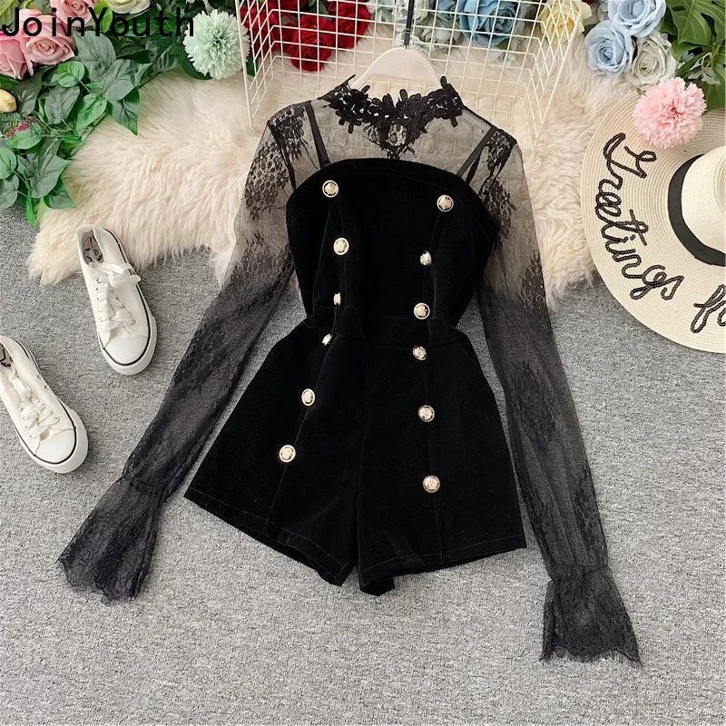 Women Clothing Tunic Fashion Patchwork Jumpsuit Black Velvet Rompers