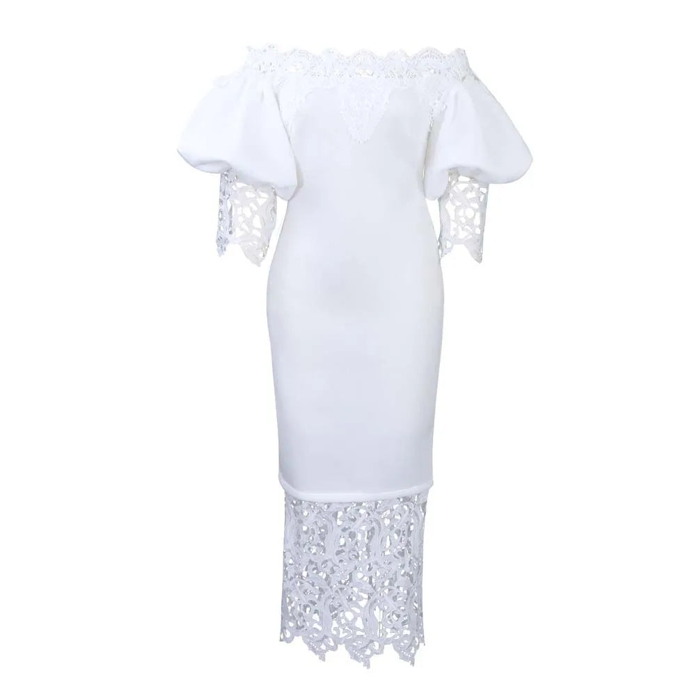 Plus Size Women'S Fashion Elegant Lace Splice One Line Neck Dress