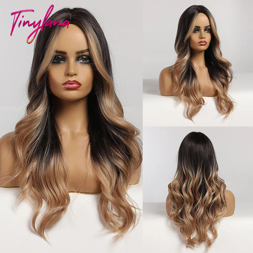 Synthentic Wavy Wigs Brown Blonde Middle Part Wigs With Bangs