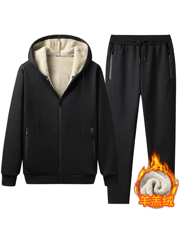 Winter Men Set Warm Thick Hooded Jacket+Pants 2PC Sets  Hoodies Zipper Tracksuit