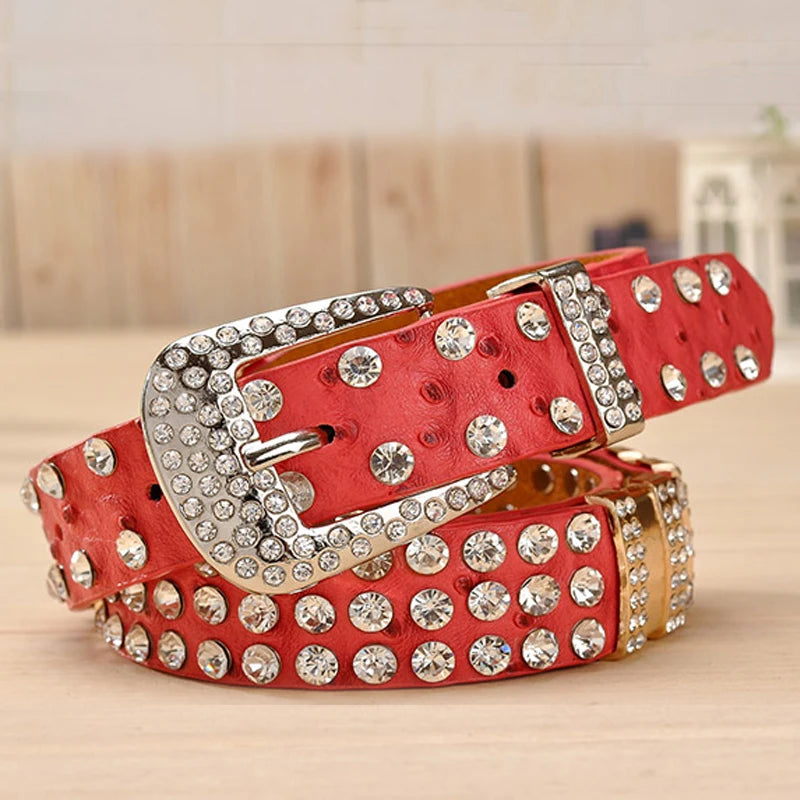 Rhinestone Belts for Women Leather Belt Second Layer Skin Strap Female