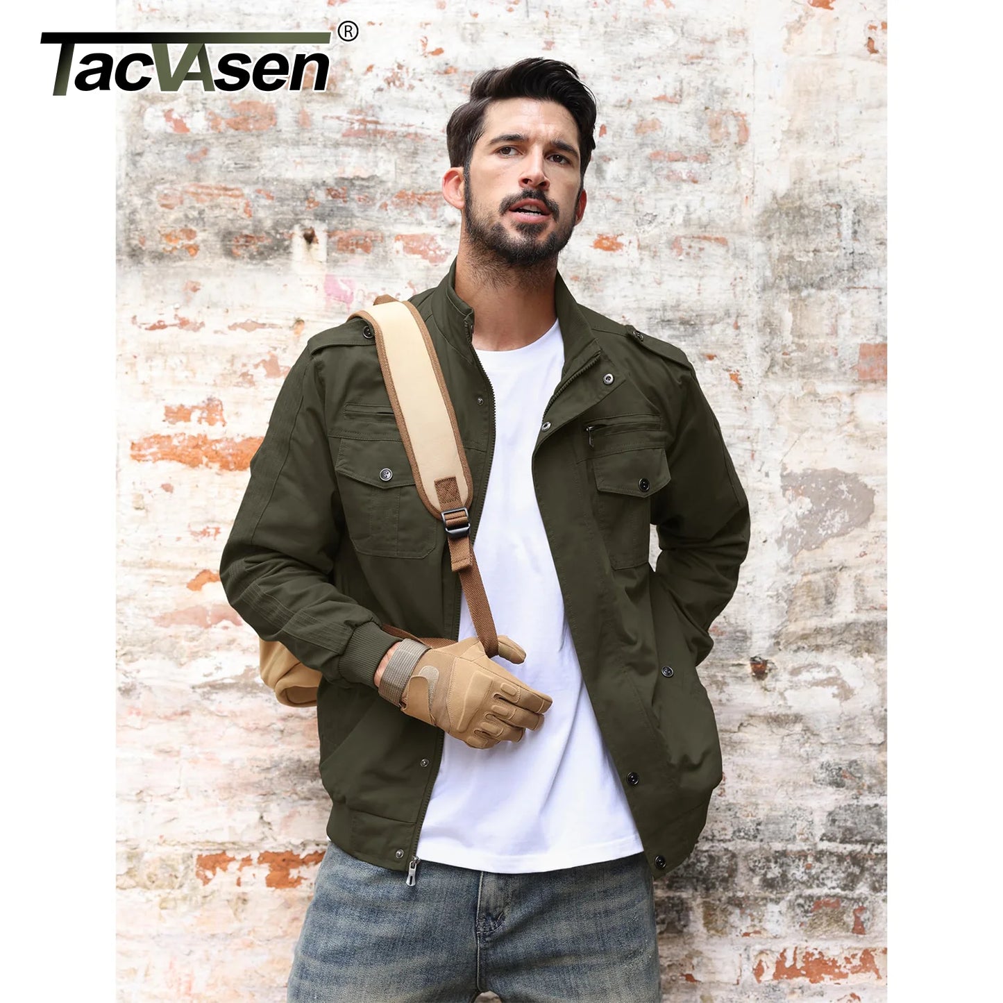 TACVASEN Pilot Bomber Jacket Coats Mens Cotton Cargo Jackets With Zipper Pockets