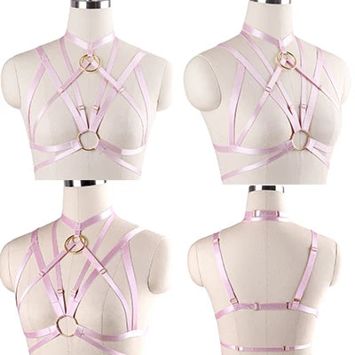 Original Design Pink Collar Bow Harness Bra Kawaii Open Chest Bondage Body Cage