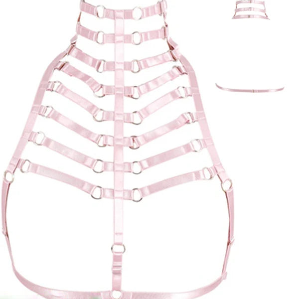 Original Design Pink Collar Bow Harness Bra Kawaii Open Chest Bondage Body Cage