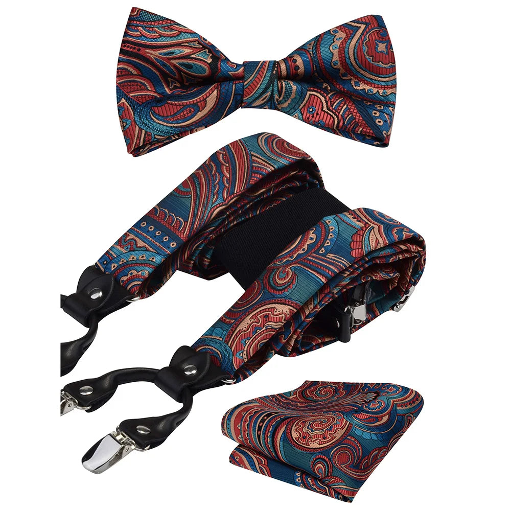 Y Shape Suspenders Bowtie and Pocket Square Set