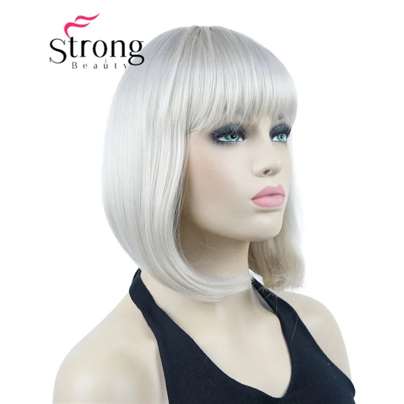 Short Straight Blonde Highlighted Bob With Bangs Synthetic Wig