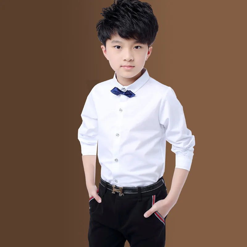 New Children Boys Shirts Cotton Solid Black&White Shirt With Tie