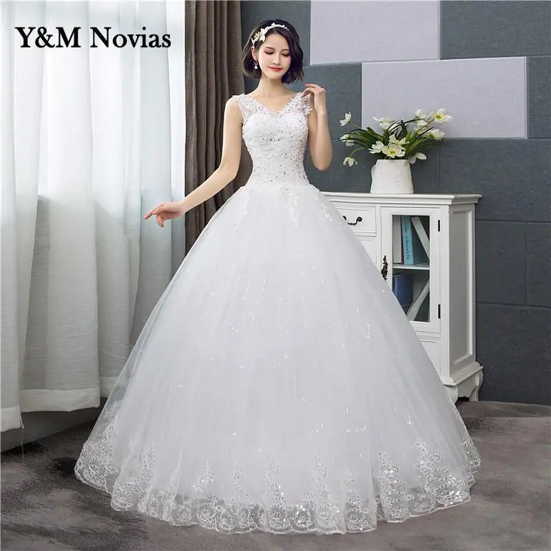 Style V-Neck Lace Tank Sleeveless Floral Print Ball Gown Ivory Wedding Dress