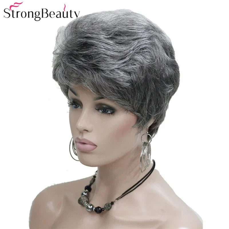 Synthetic Short Straight Hair Puffy Natural Blonde/Silver Grey Wigs With Bangs