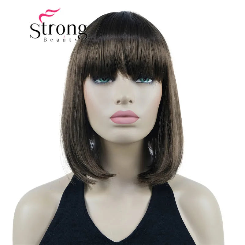 Short Straight Blonde Highlighted Bob With Bangs Synthetic Wig