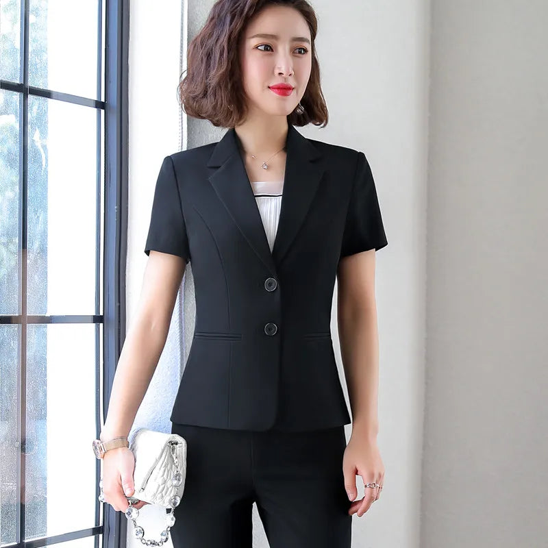 Short Sleeve Slim Blazer and Trousers Office Ladies Work Wear