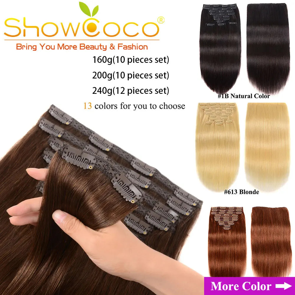 ShowCoco Clip in Hair Extensions Human Hair Clip Silky Straight Clip-On Hair