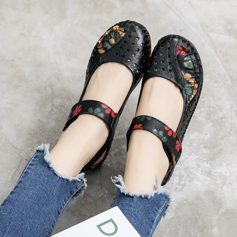 Spring Flower Design Round Toe Soft Bottom Flat Shoes Vintage Leather Flats