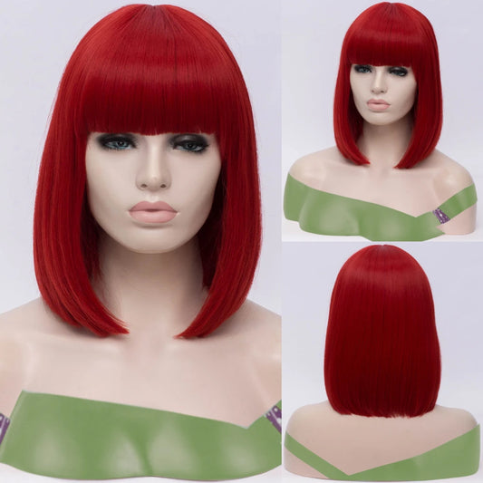 Synthetic Straight Short Bob Wigs With Bangs