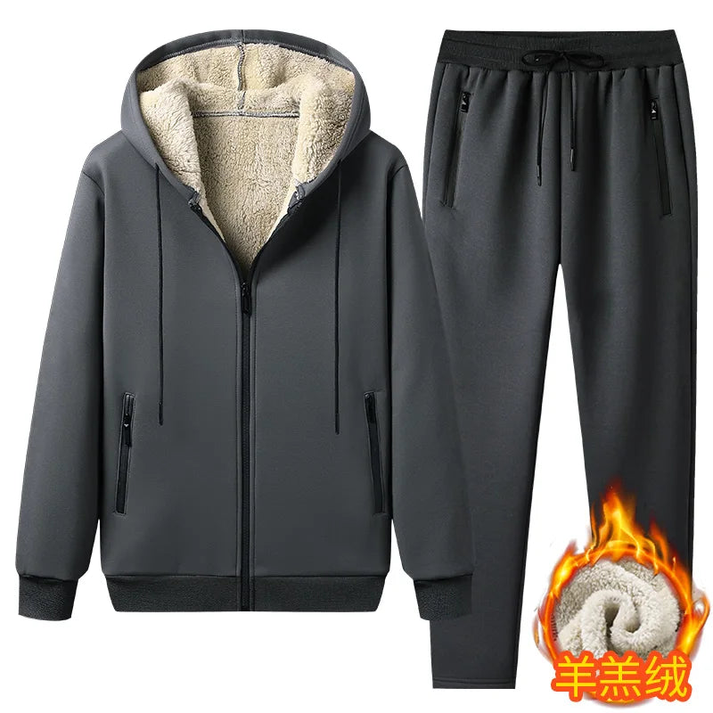 Winter Men Set Warm Thick Hooded Jacket+Pants 2PC Sets  Hoodies Zipper Tracksuit