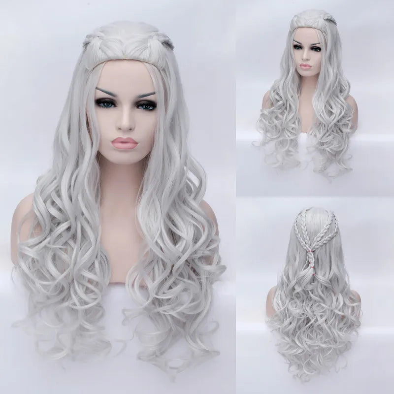 Synthetic Long Silver White Braided Curly Wigs Heat Resistant