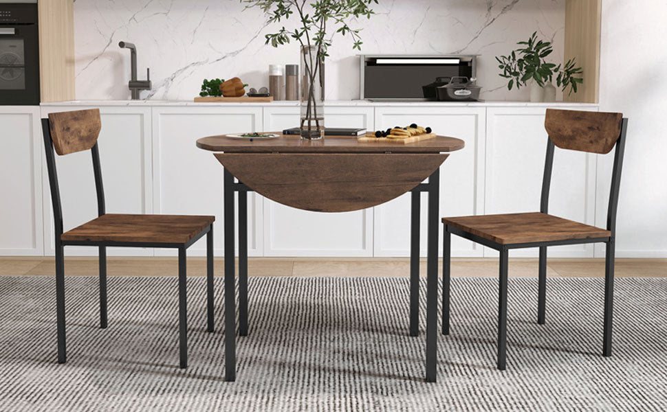 Modern 3-Piece Round Dining Table Set With Drop Leaf and 2 Chairs