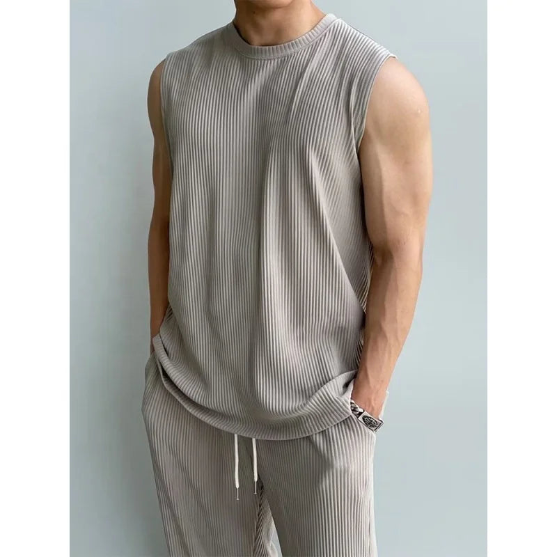 Thin Tracksuit Men Casual Long Pants SleevelessT-shirts Sets