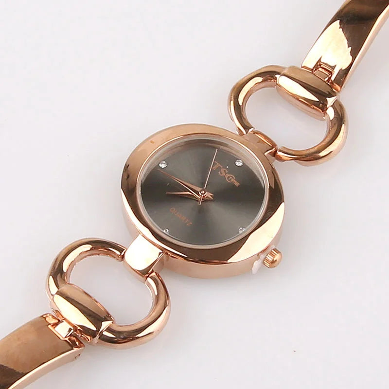 Women Office Ladies Rose Gold Stainless Steel Quartz Wristwatch