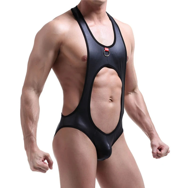 Mens Bodysuit Jock Strap PU Leather Open Back Lingerie Latex Catsuit