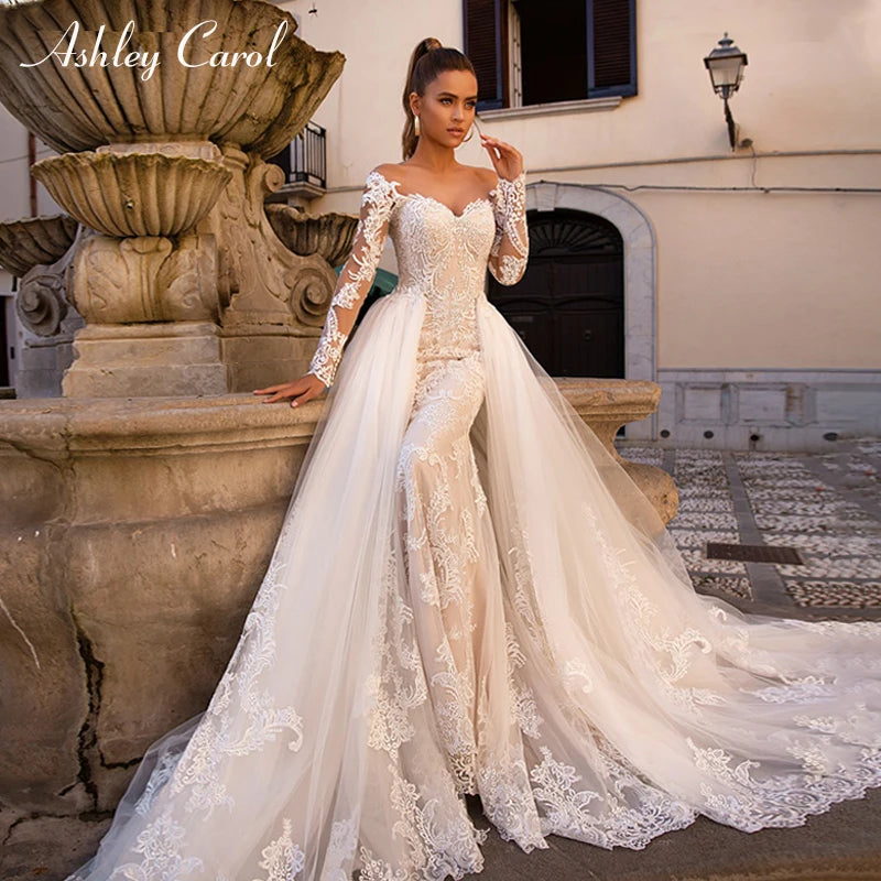 Sexy Mermaid Wedding Dress Sweetheart Long Sleeve Detachable Train