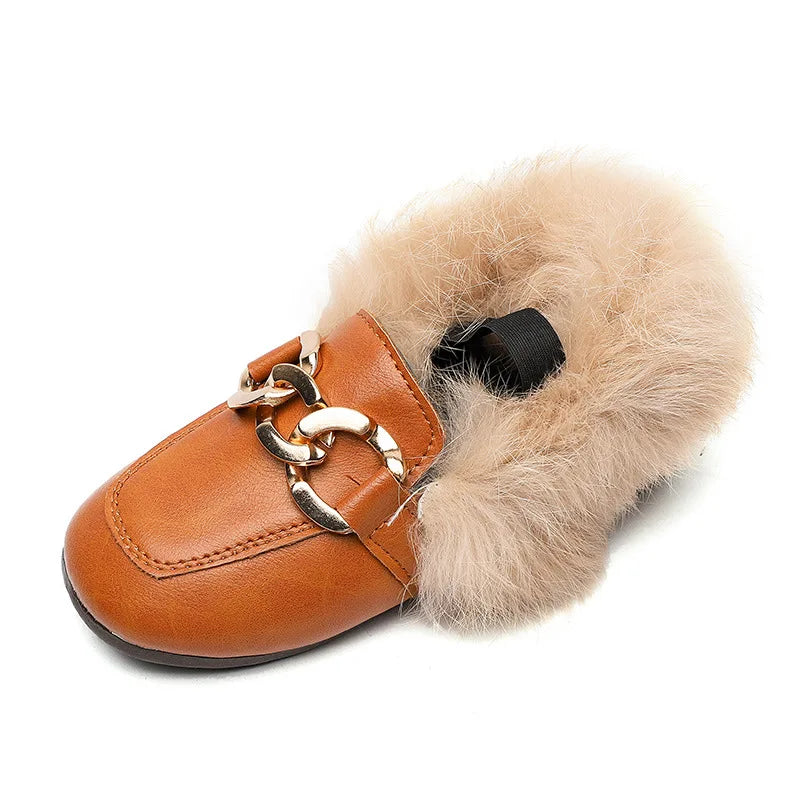 Warm Cotton Plush Fluffy Fur Kids Loafers With Metal Chain