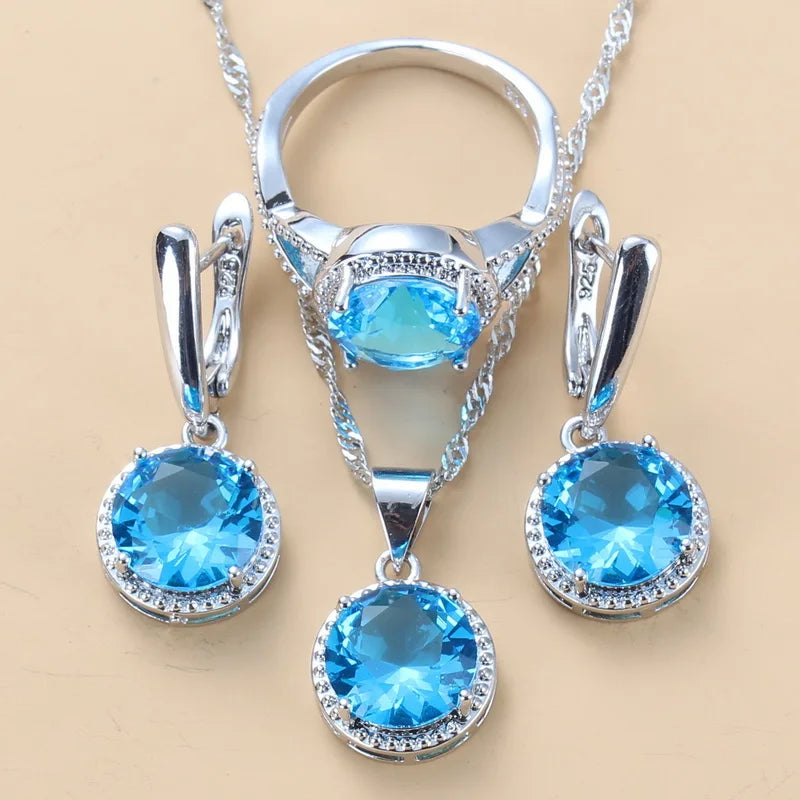 Silver Jewelry Sets Green Cubic Zirconia Necklaces Pendants Earrings and Ring