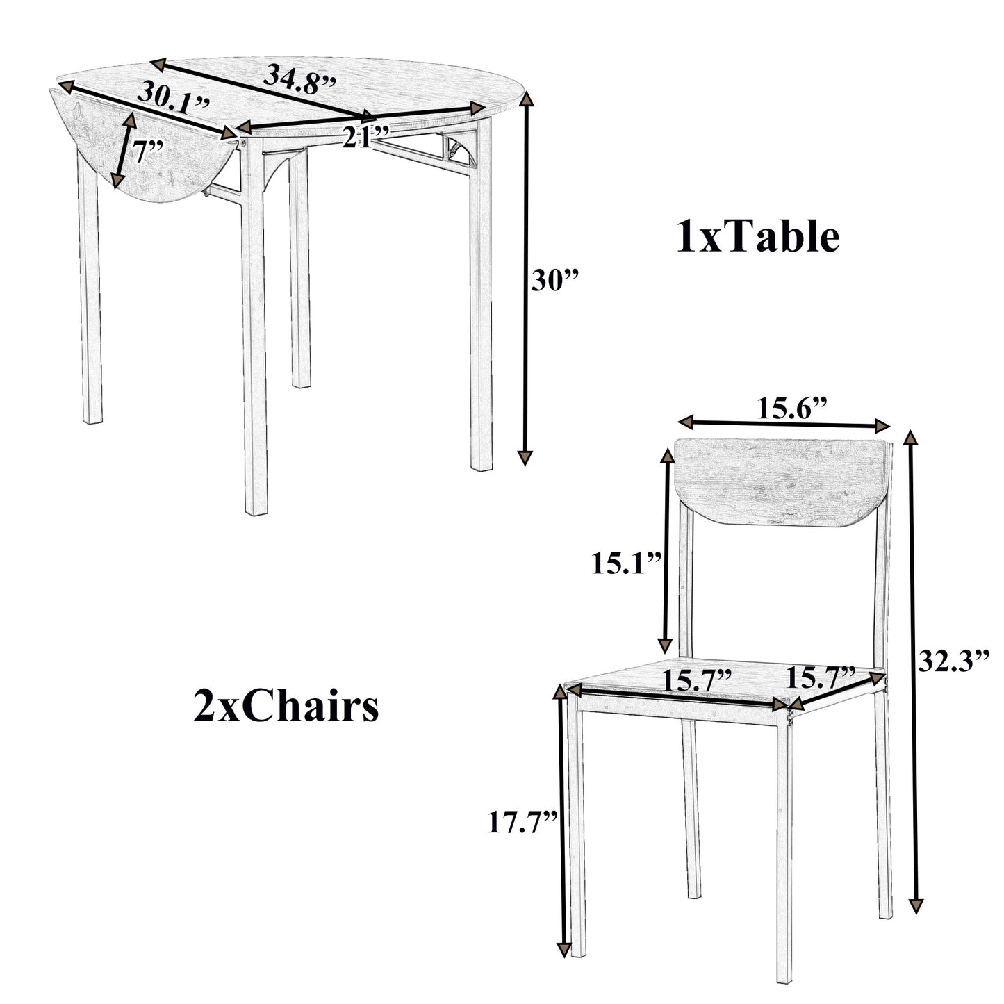 Modern 3-Piece Round Dining Table Set With Drop Leaf and 2 Chairs