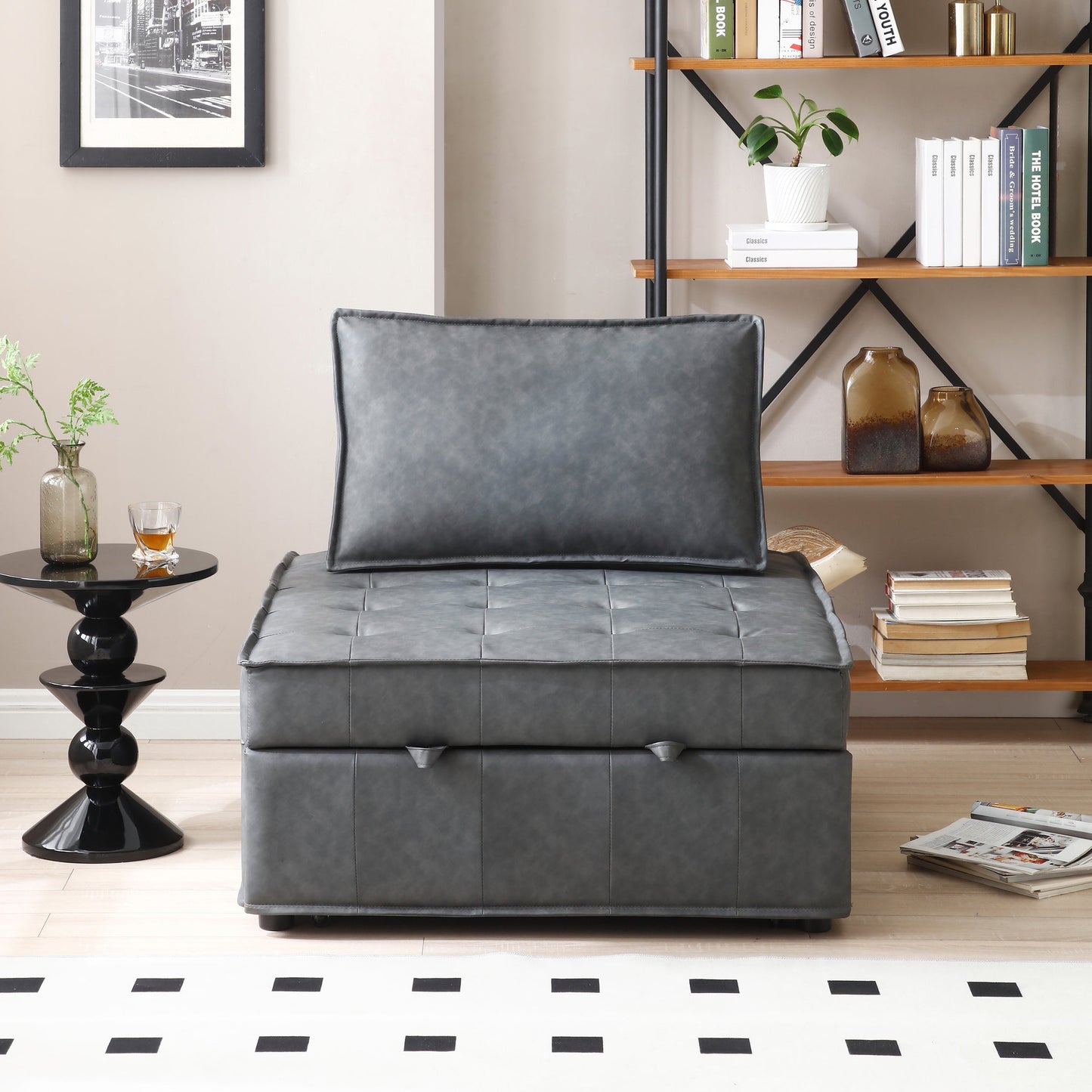 Multipurpose Faux Leather Ottoman Lazy Chair Pulling Out Sofa Bed (Dark Grey)