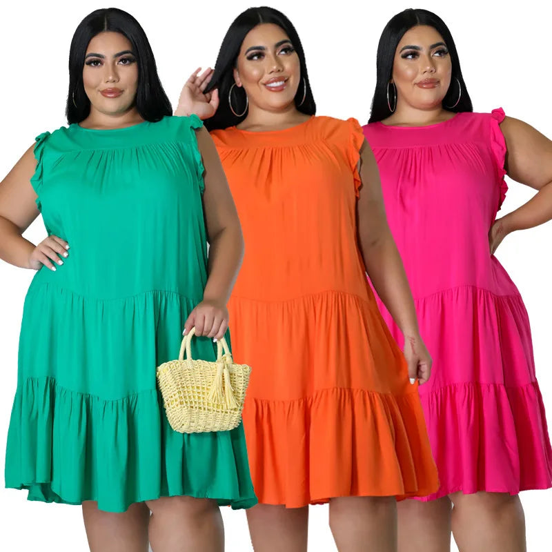 Sleeveless Dress Solid Ruffle Sleeves Dress Pleated Plus Size Women's Dress