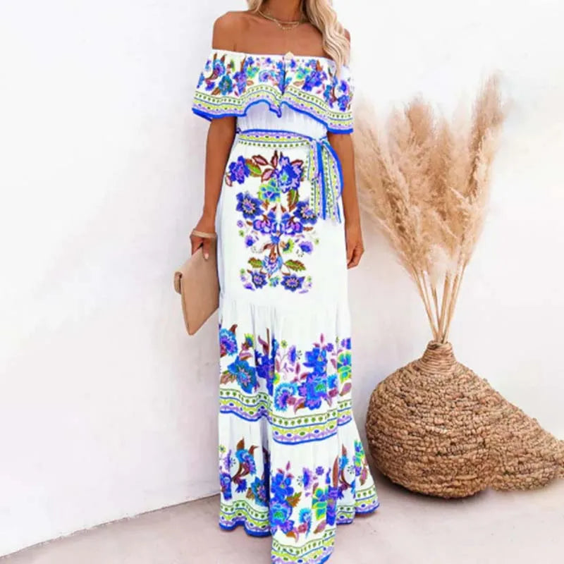 Summer Floral Print Off Shoulder Women Mexican Dress