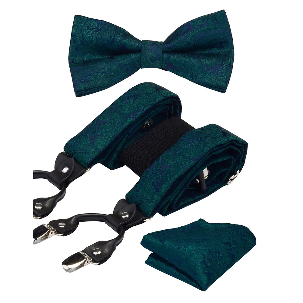 Y Shape Suspenders Bowtie and Pocket Square Set