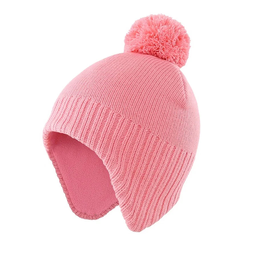 Winter Warm Hat Fleeced Lined Earflap Kids Beanie Hat With Pom-Pom