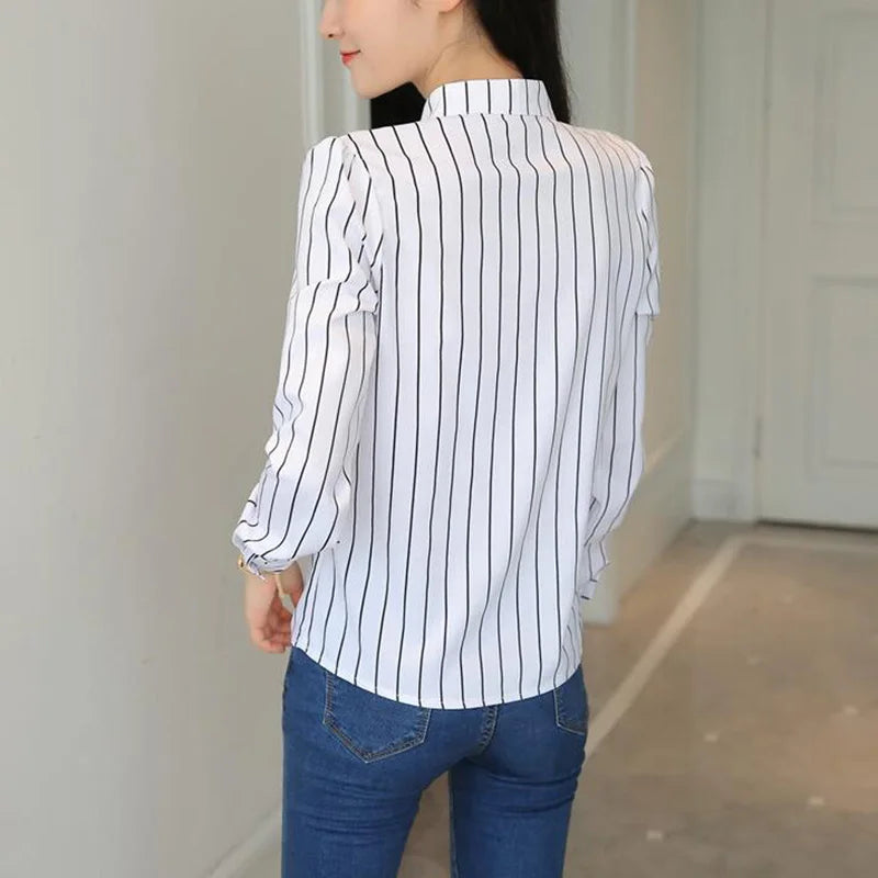 Spring Women White Blouses Fashion Stripe Print Casual Long Sleeve