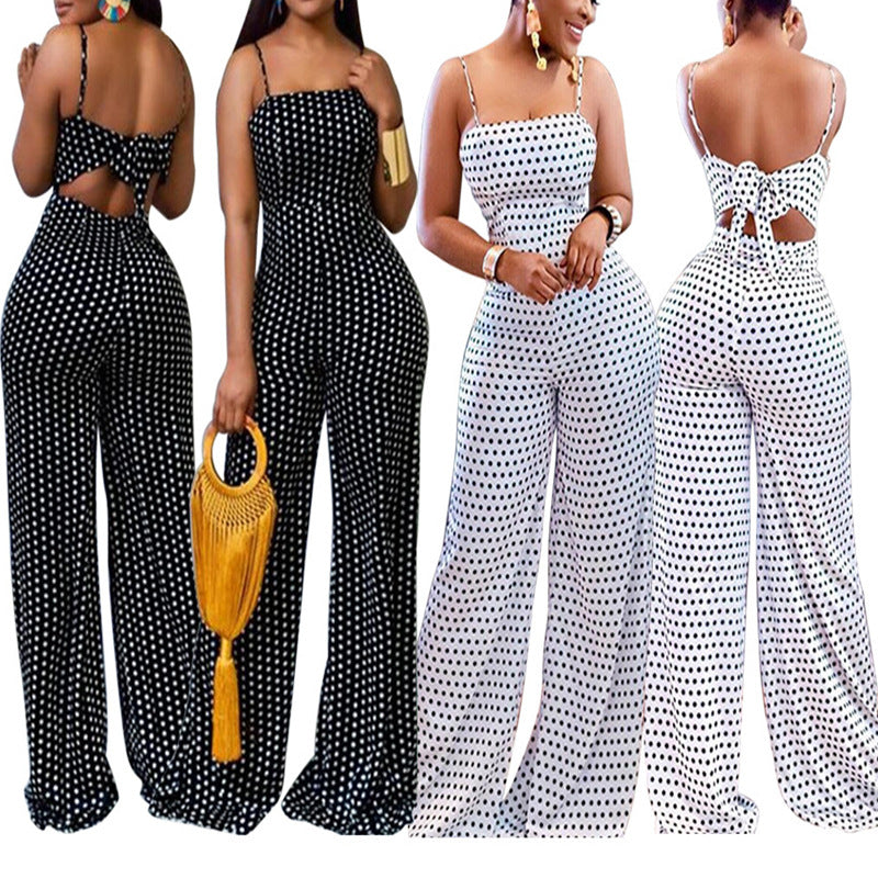 Summer Women's Fashion Spots Printed Sling Wide Leg Jumpsuitl Dresses