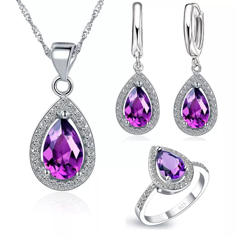 Purple Jewelry Sets Water Drop Cubic Zirconia