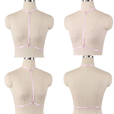 Original Design Pink Collar Bow Harness Bra Kawaii Open Chest Bondage Body Cage