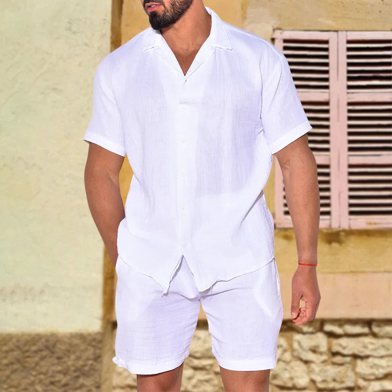 Mens Sets Loose Short Sleeve T-Shirt Shorts Two Piece Linen Set Tracksuit