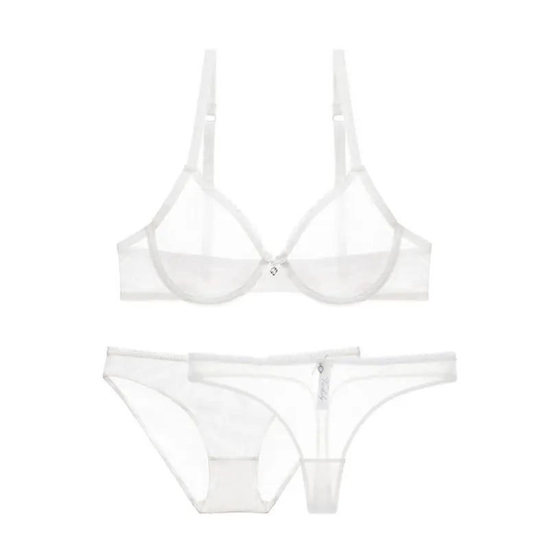 Sexy Mesh Lace Underwear Transparent Unlined 1 Bra+2 Panties Set