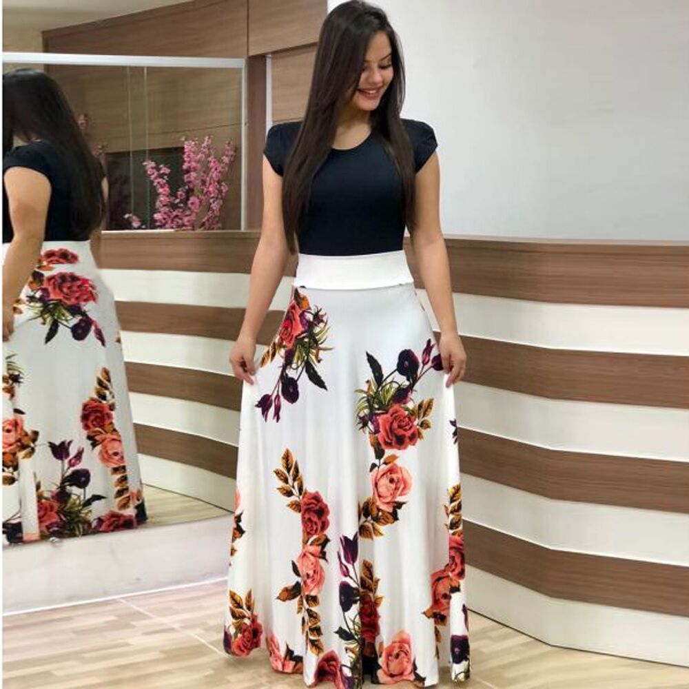 Slim Short Sleeve O-Neck High Waist One-Piece Dress Women's Maxi Long Dress