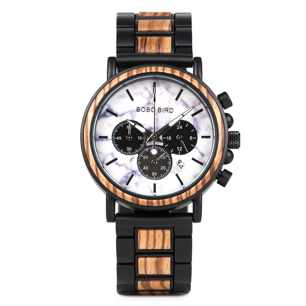 Wood and Stainless Steel Watches Luminous Hands Stop Clock