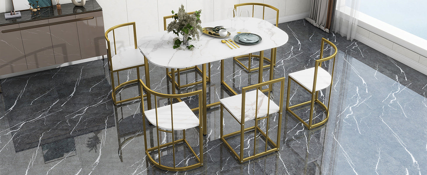 Modern 7-Piece Dining Table Set With Faux Marble Compact 55Inch