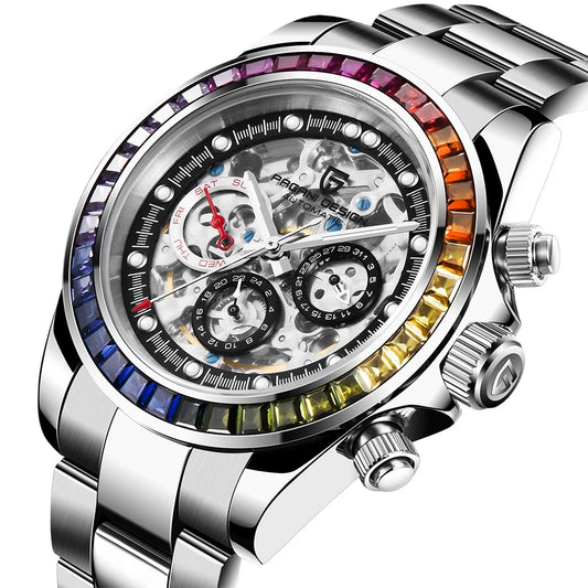 Stainless Steel Watch Rainbow Diamond Skeleton Watches Men Wrist