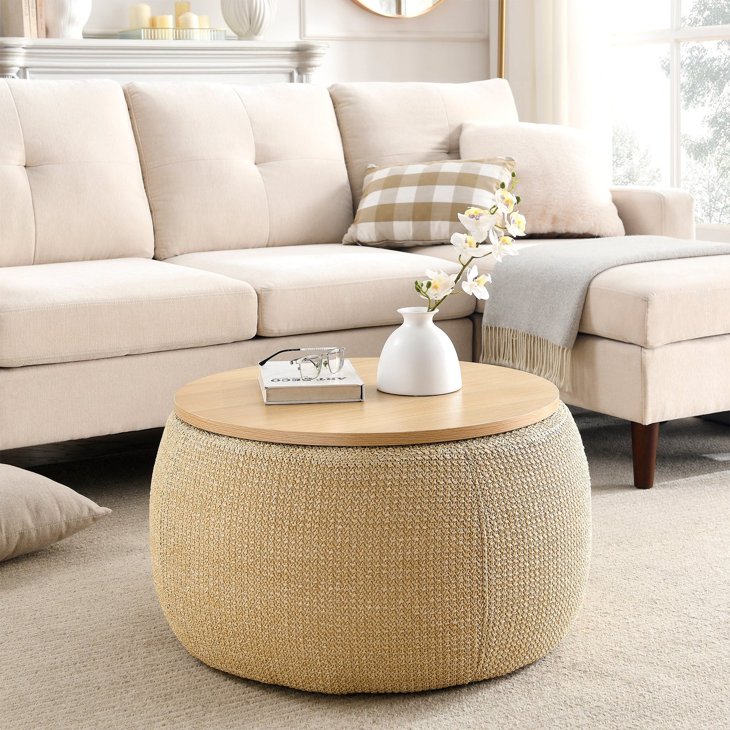 Round Storage Ottoman, Work as End Table and Ottoman