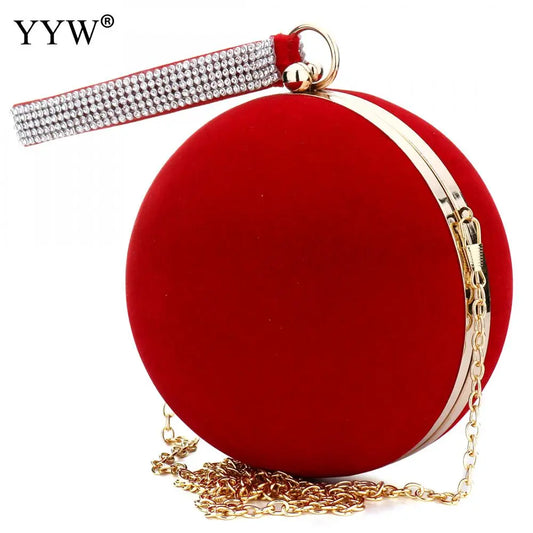 Unique Velvet Iron-On Lady Handbag Red Shoulder Bag Spherical Evening Bags