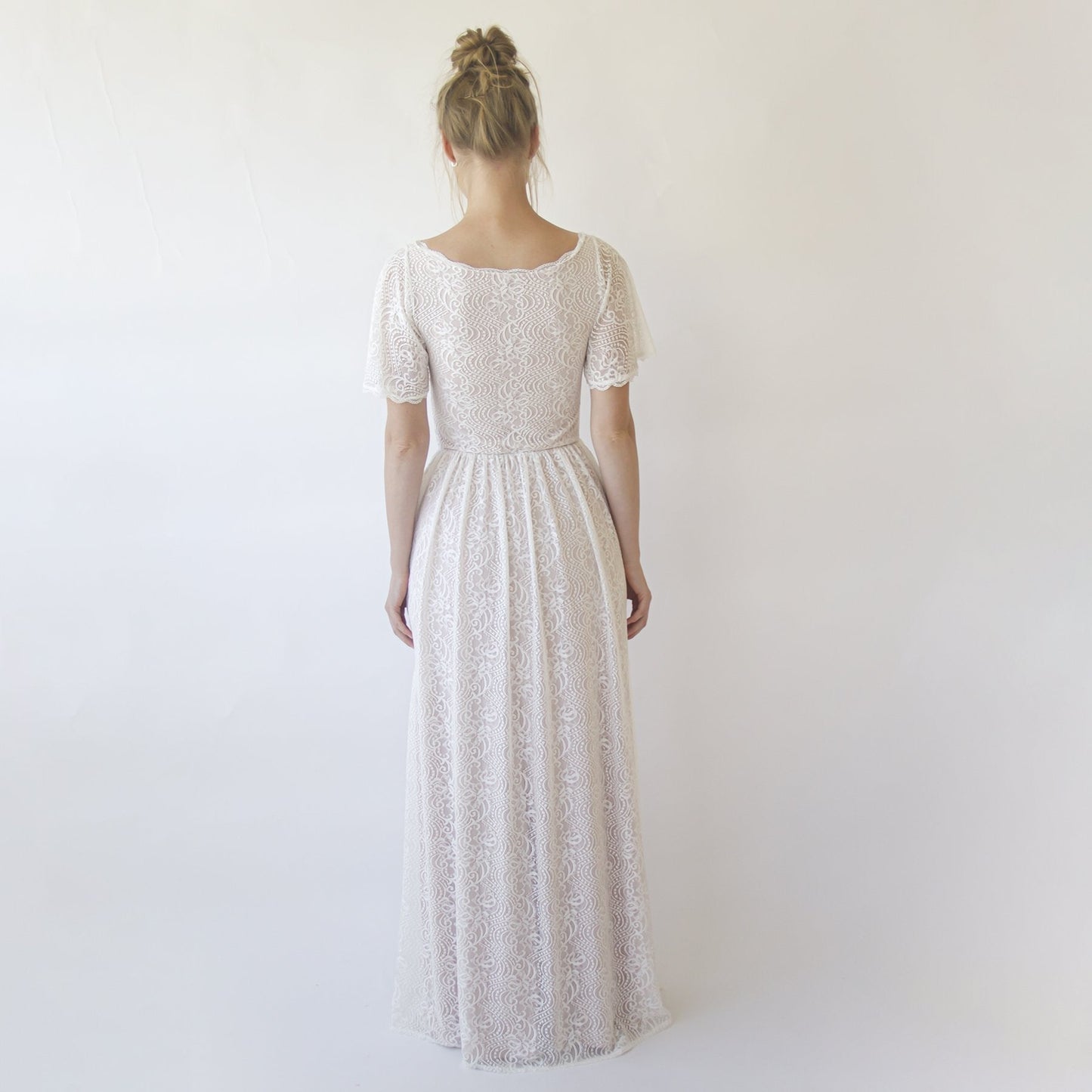 Vintage Lace Wedding Dress, Short Sleeves Modest Pearly Wedding Dress #1346