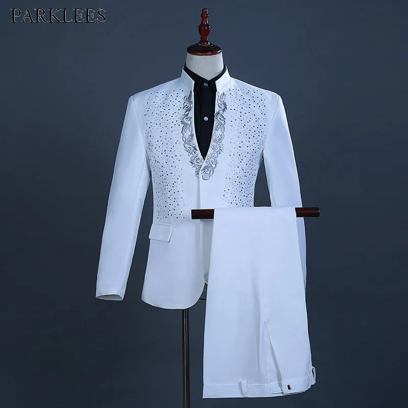 White Embroidered Diamond Suit Men Wedding Groom Tuxedo Suits